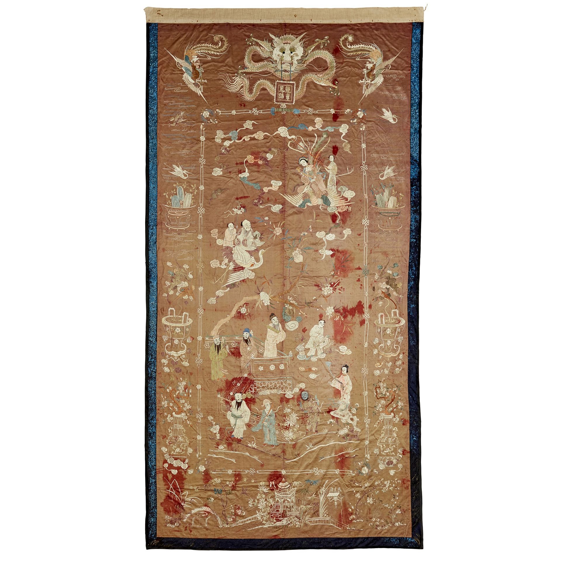 MASSIVE CINNAMON GROUND SILK EMBROIDERED 'LONGEVITY' HANGING PANEL LATE QING DYNASTY TO REPUBLIC