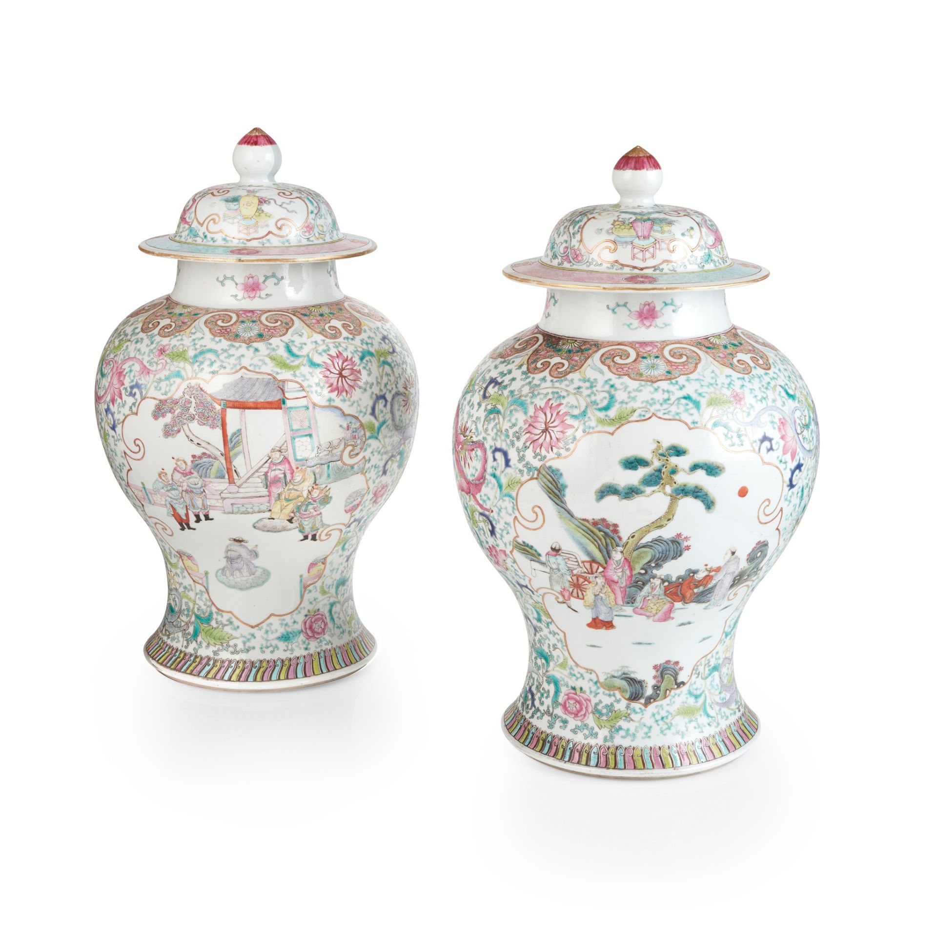 PAIR OF FAMILLE ROSE BALUSTER VASES WITH COVERS QIANLONG MARK BUT 19TH-20TH CENTURY