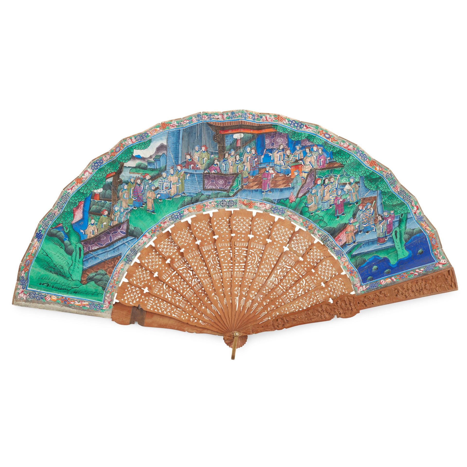 Y CANTON SANDALWOOD AND PAPER 'THOUSAND FACES' FAN QING DYNASTY, 19TH CENTURY