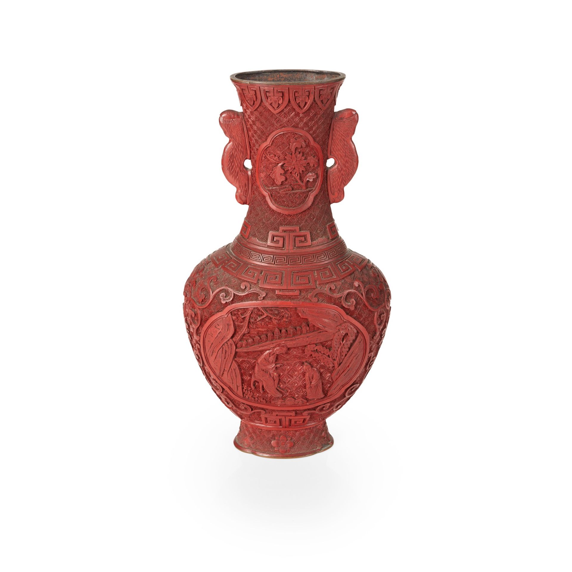 CINNABAR LACQUER HANDLED VASE 19TH-20TH CENTURY