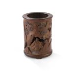 CARVED BAMBOO BRUSH POT WITH TWO SCHOLARS QING DYNASTY, 19TH CENTURY