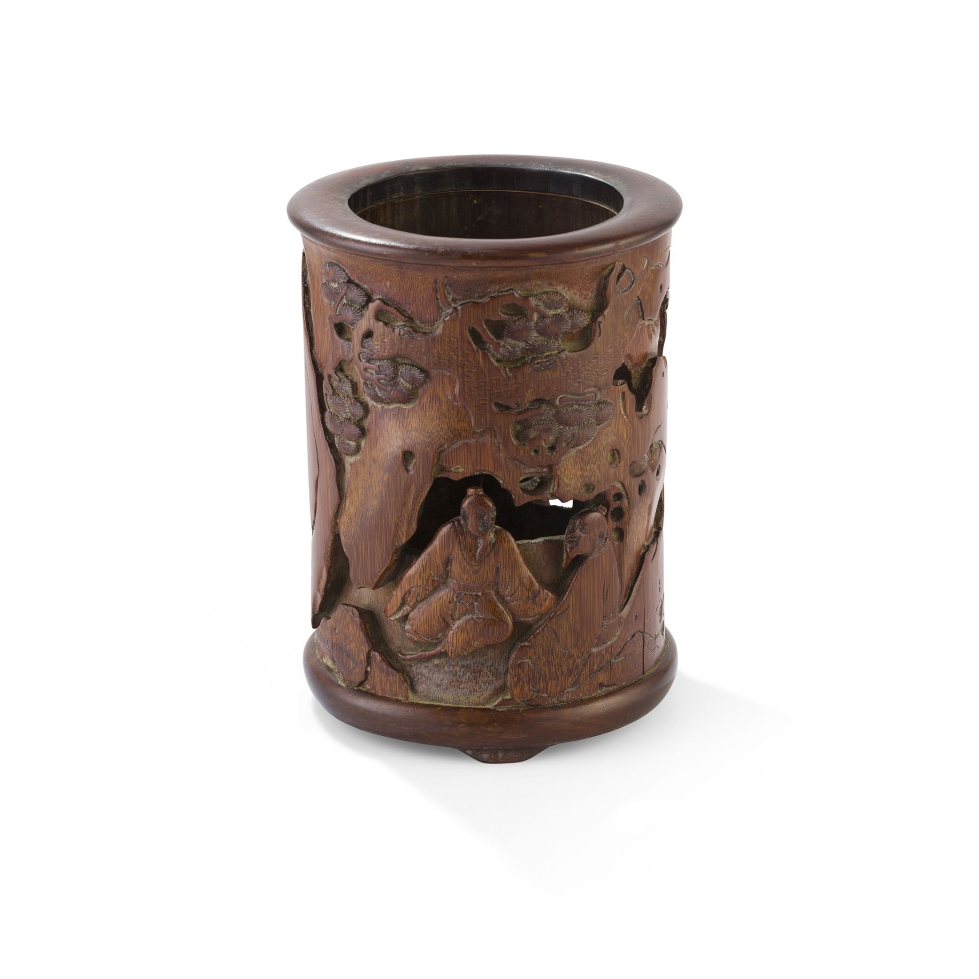 CARVED BAMBOO BRUSH POT WITH TWO SCHOLARS QING DYNASTY, 19TH CENTURY