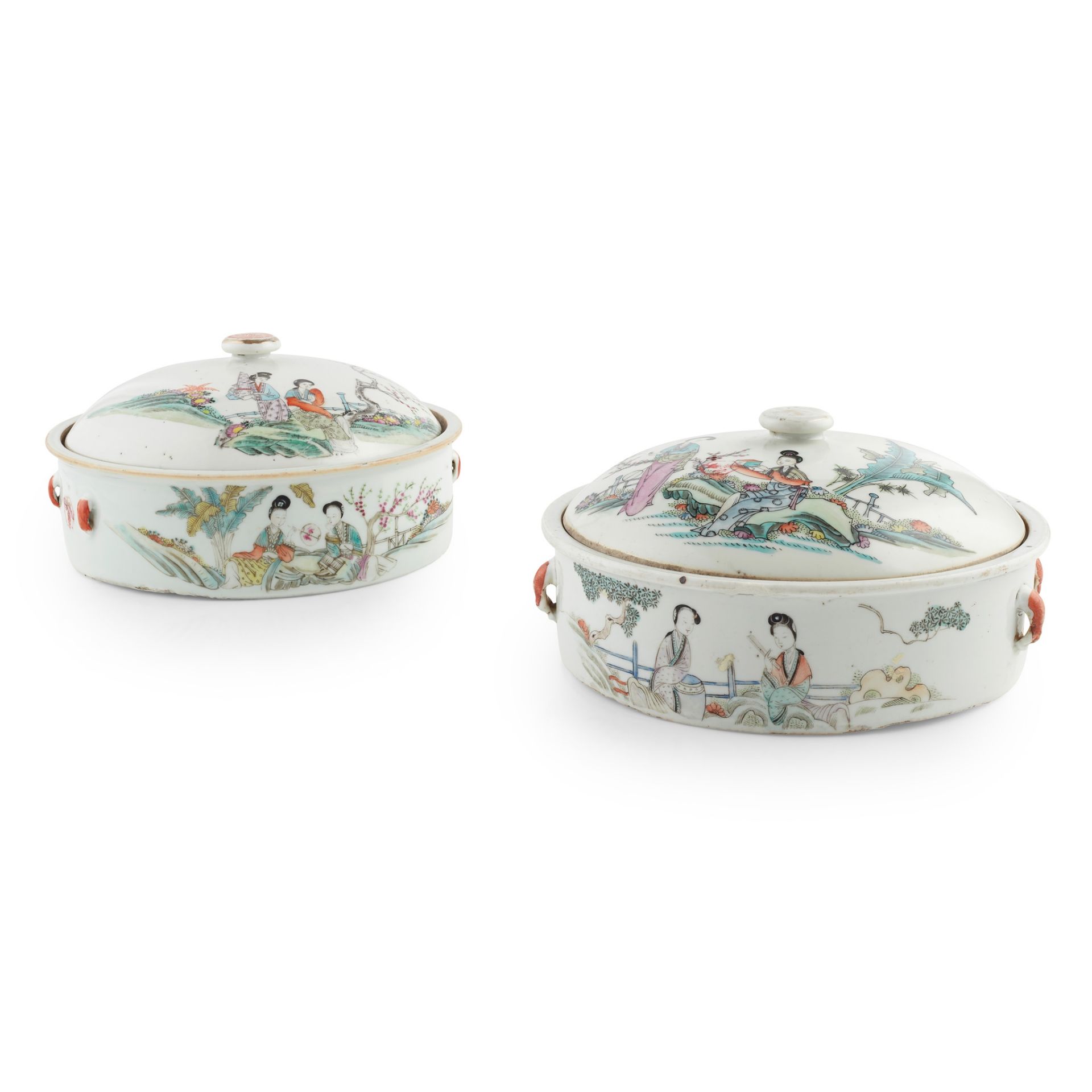 PAIR OF FAMILLE ROSE 'LADIES' POTS WITH COVERS REPUBLIC PERIOD OR LATER