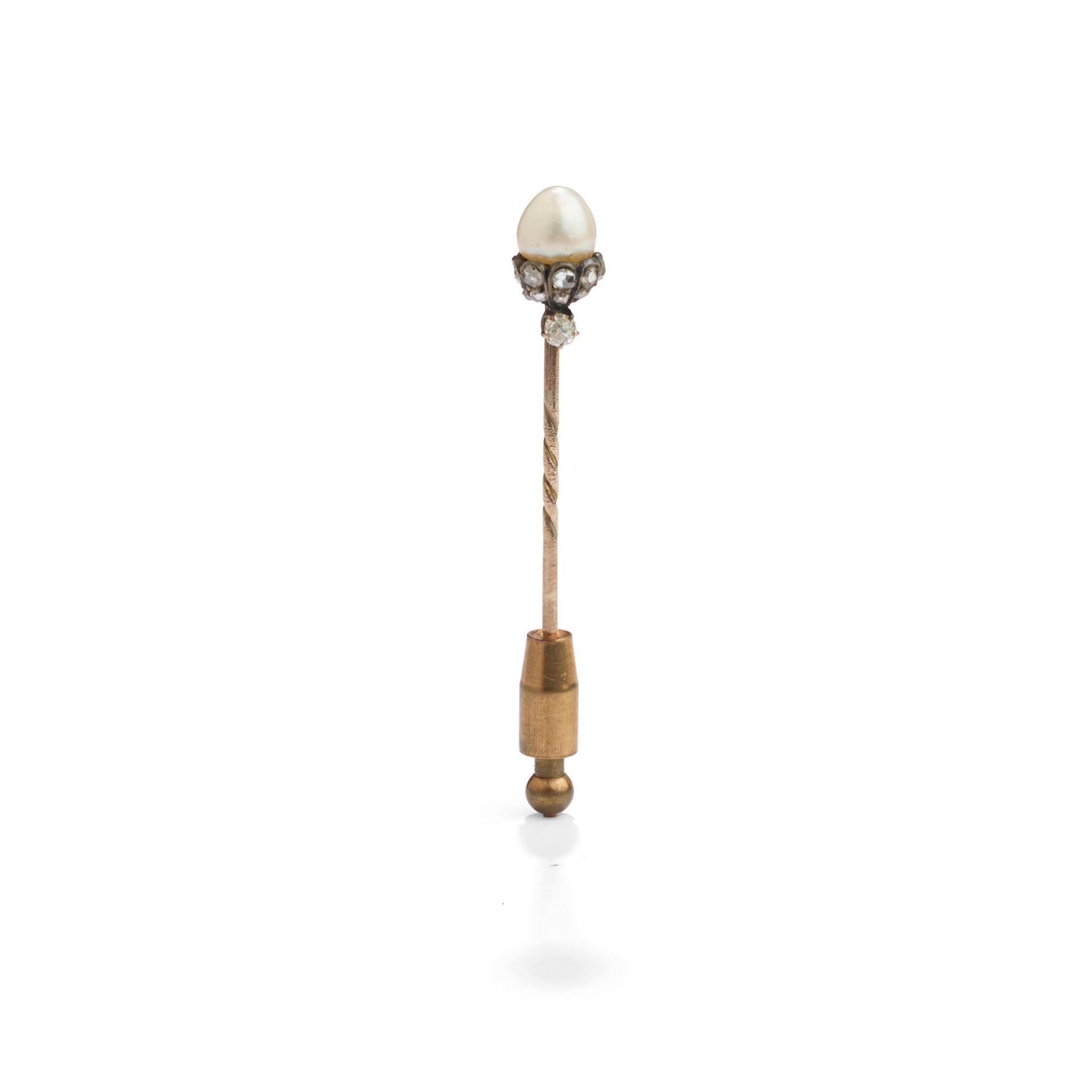 A late 19th century pearl and diamond stick pin