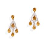 A pair of citrine and diamond pendent earrings