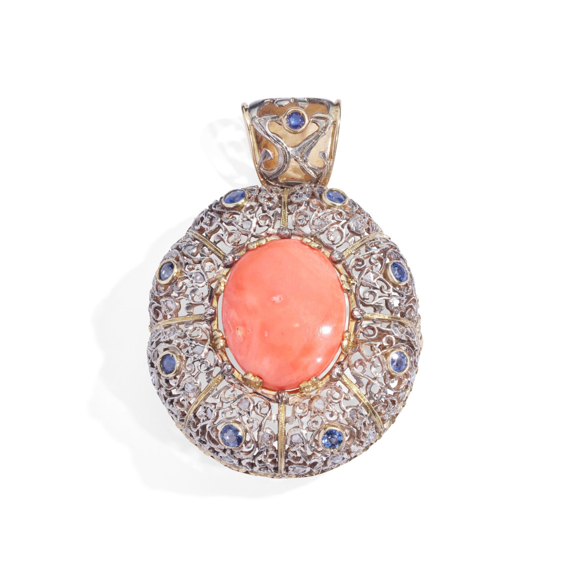 Y A coral, sapphire and diamond pendant