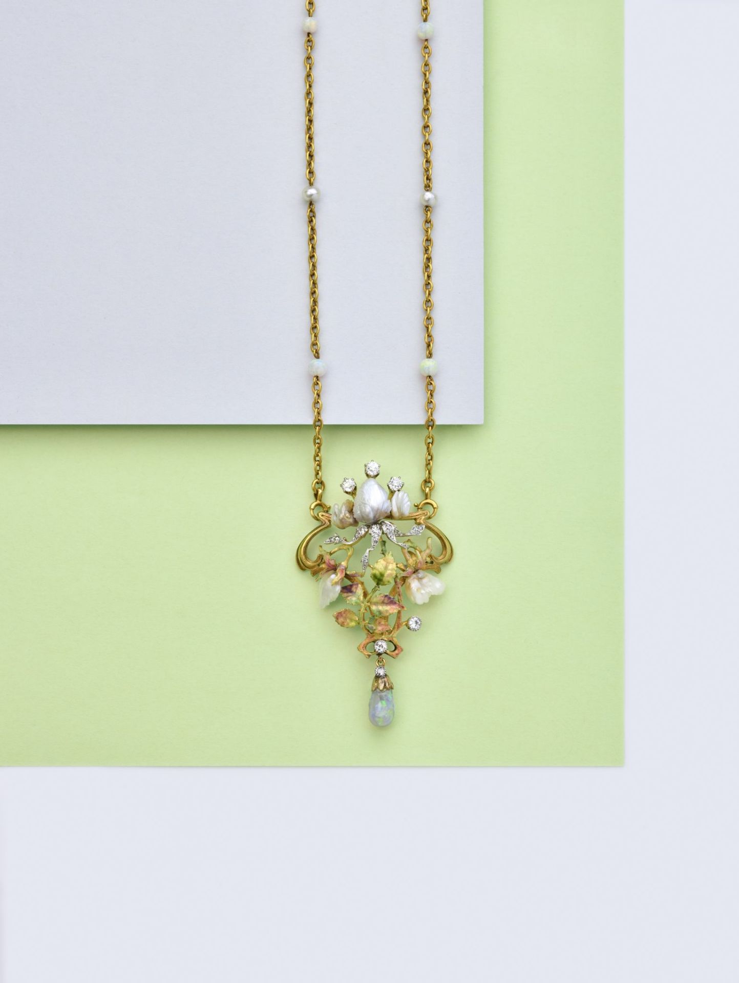 An Art Nouveau enamel, opal and diamond pendant necklace, circa 1900 - Image 3 of 3