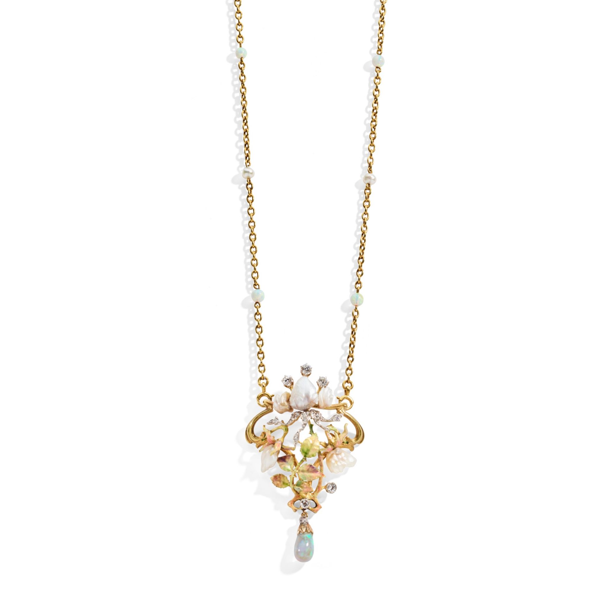 An Art Nouveau enamel, opal and diamond pendant necklace, circa 1900 - Image 2 of 3