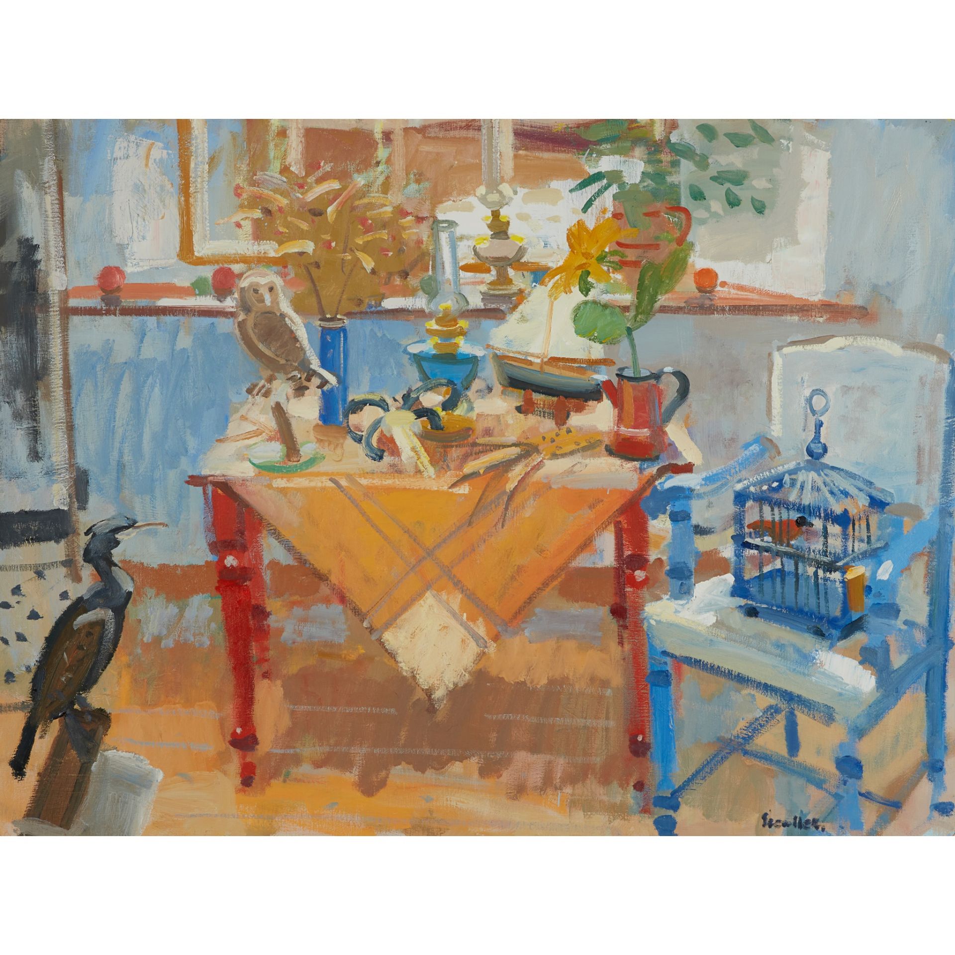 § GLEN SCOULLER R.S.W., R.G.I. (SCOTTISH 1950-) TABLE TOP STILL LIFE WITH BIRD CAGE