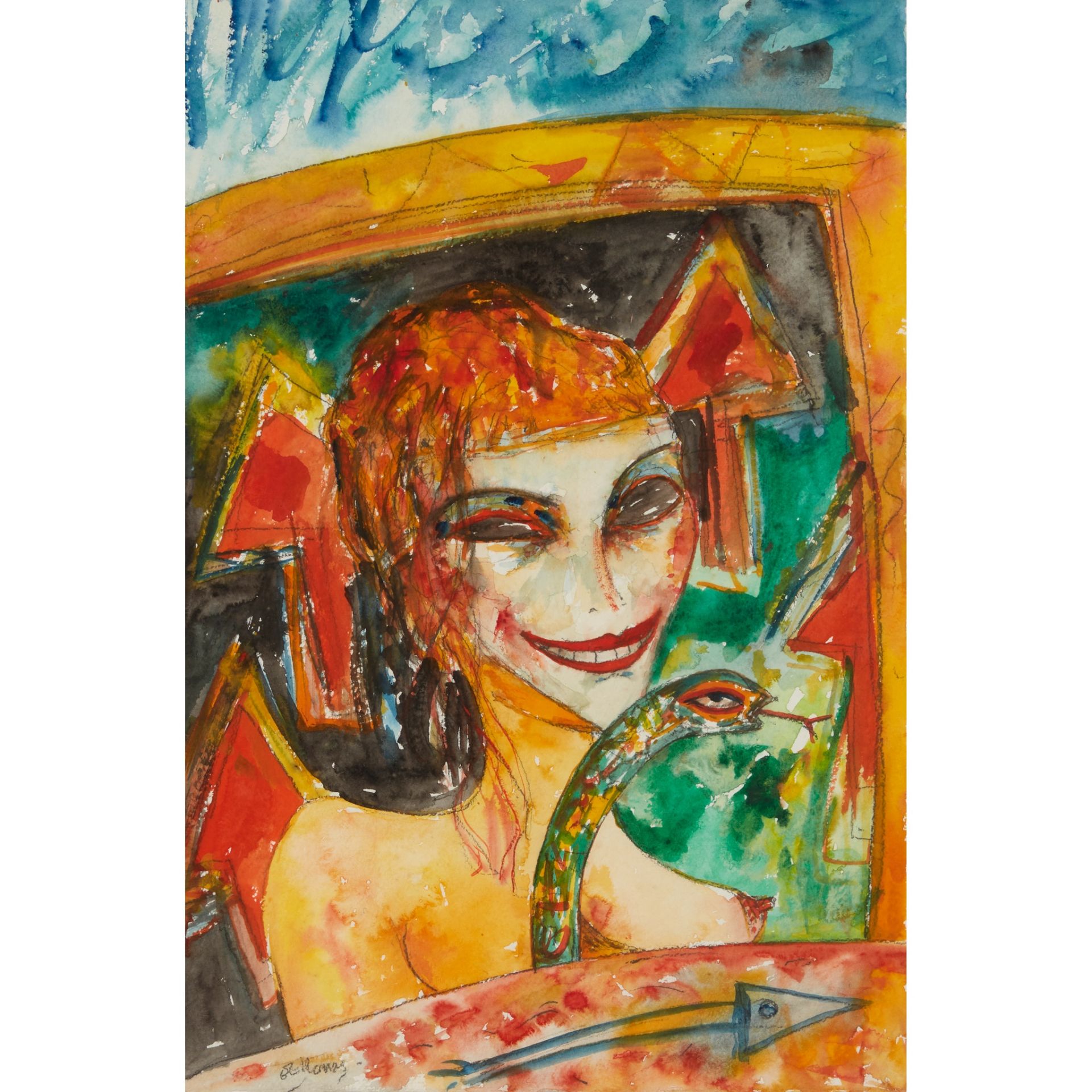 § JOHN BELLANY C.B.E., R.A. (SCOTTISH 1942-2013) UNTITLED (MASKED FIGURE OF HELEN AND SERPENT)