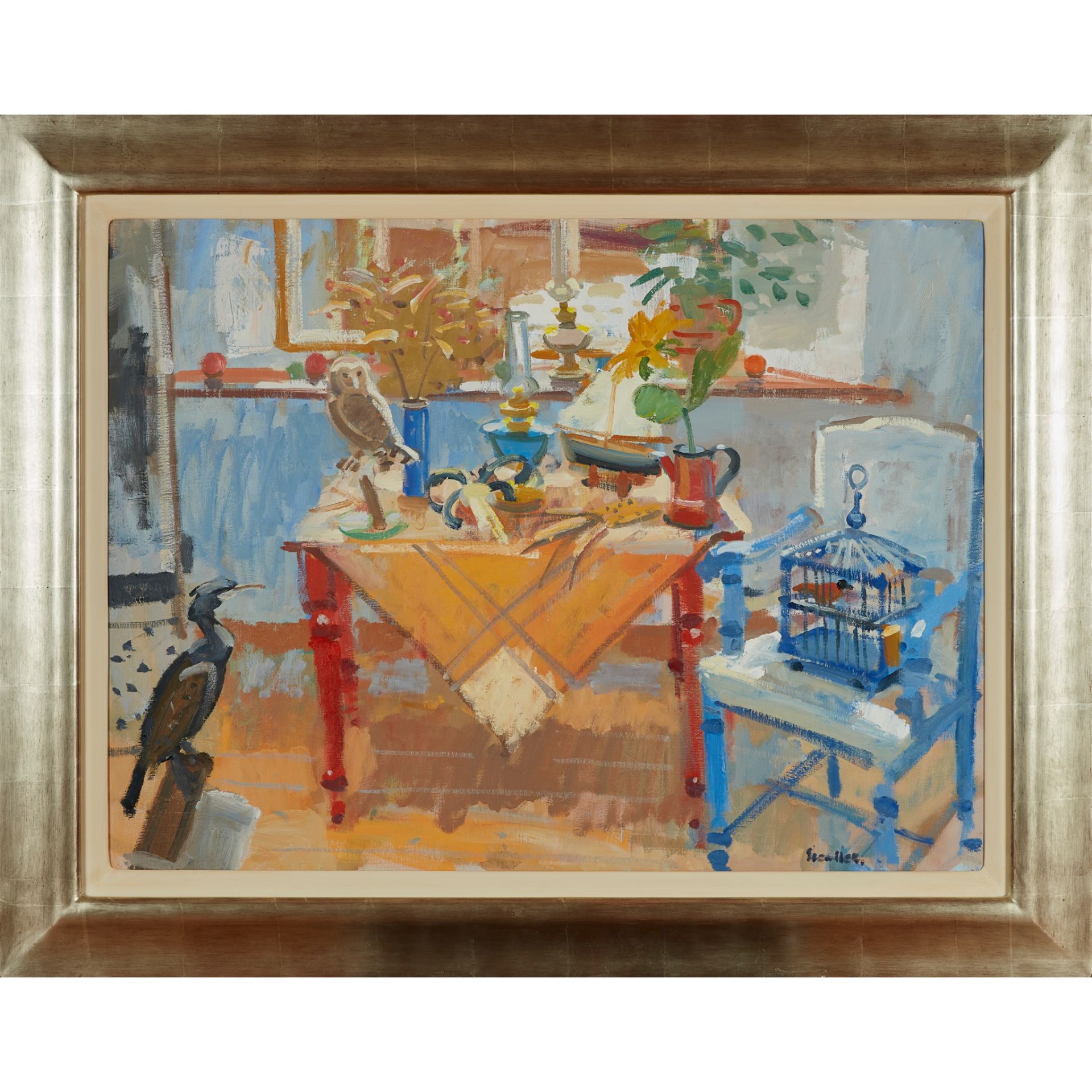 § GLEN SCOULLER R.S.W., R.G.I. (SCOTTISH 1950-) TABLE TOP STILL LIFE WITH BIRD CAGE - Image 2 of 3
