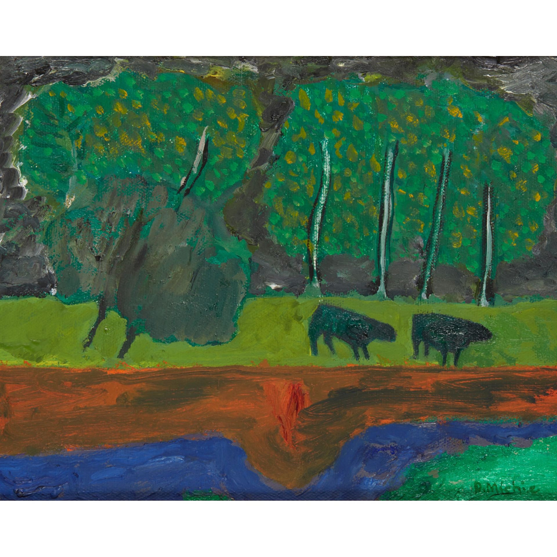§ DAVID MICHIE O.B.E., R.S.A., R.G.I., F.R.S.A (SCOTTISH 1928-2015) COWS BY THE LEADERWATER, 1981