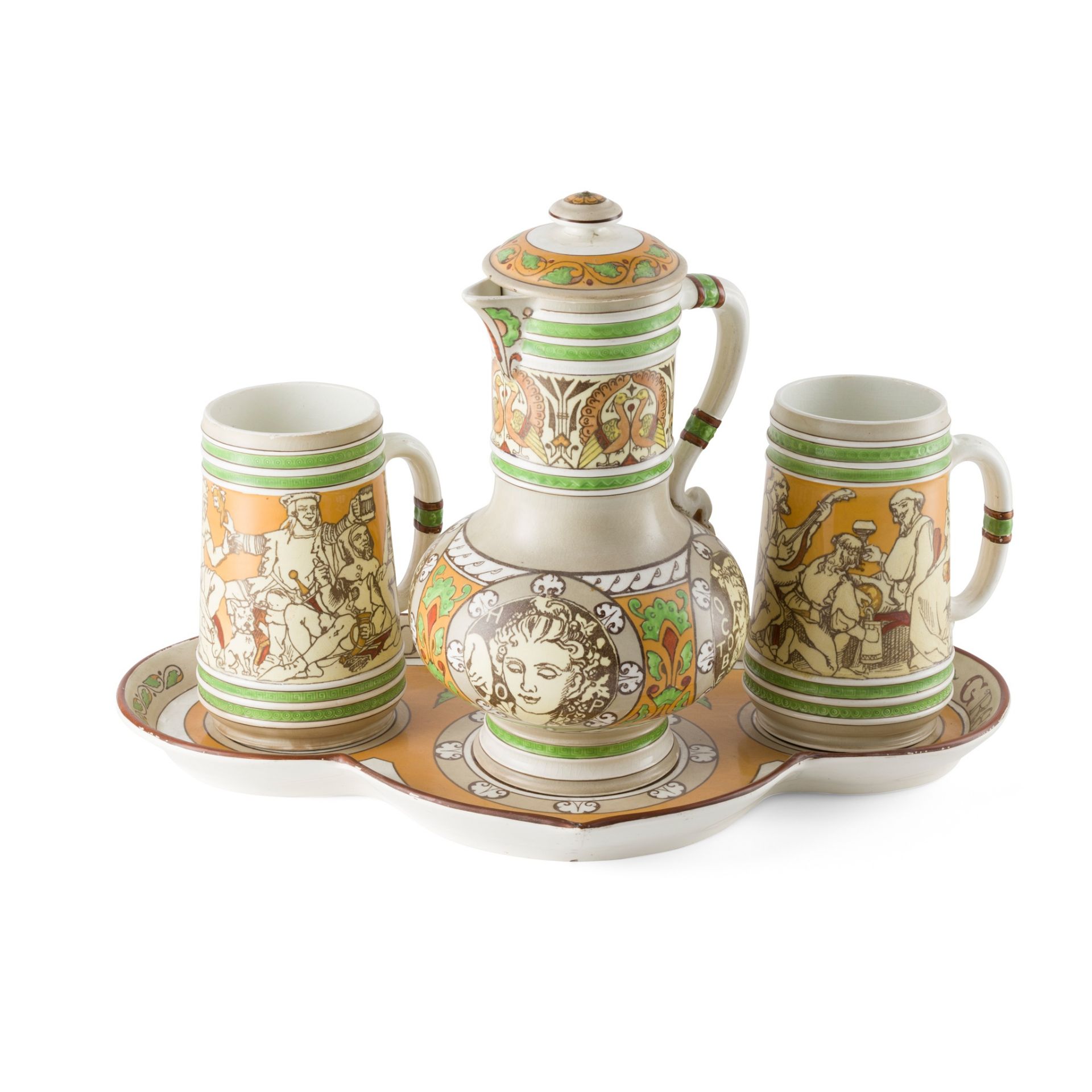 HENRY STACY MARKS (1829-1898) AND CHRISTOPHER DRESSER (1834-1904) FOR MINTON & CO. BEER SET, CIRCA