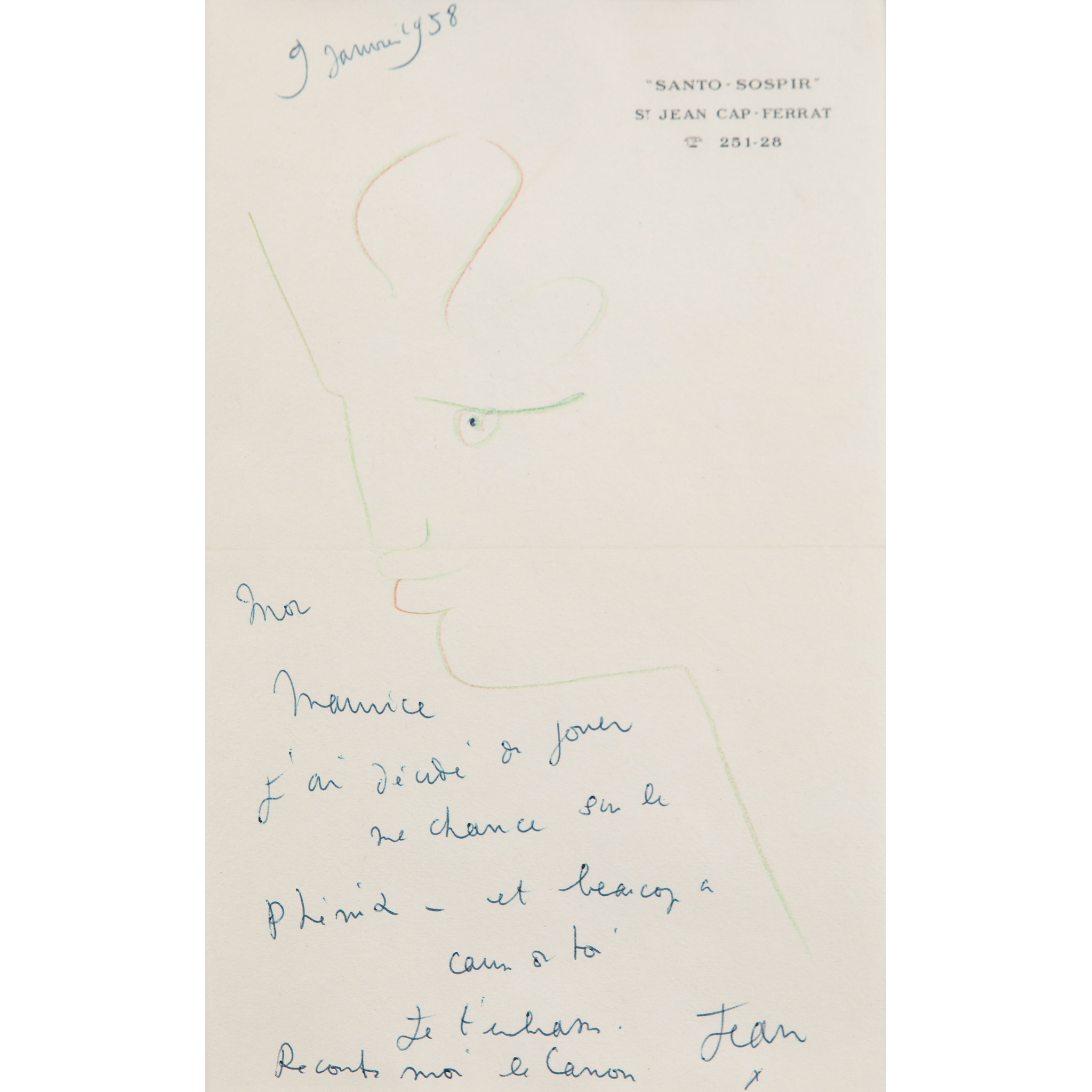 § Jean Cocteau (French 1889-1963) Letter, 1958