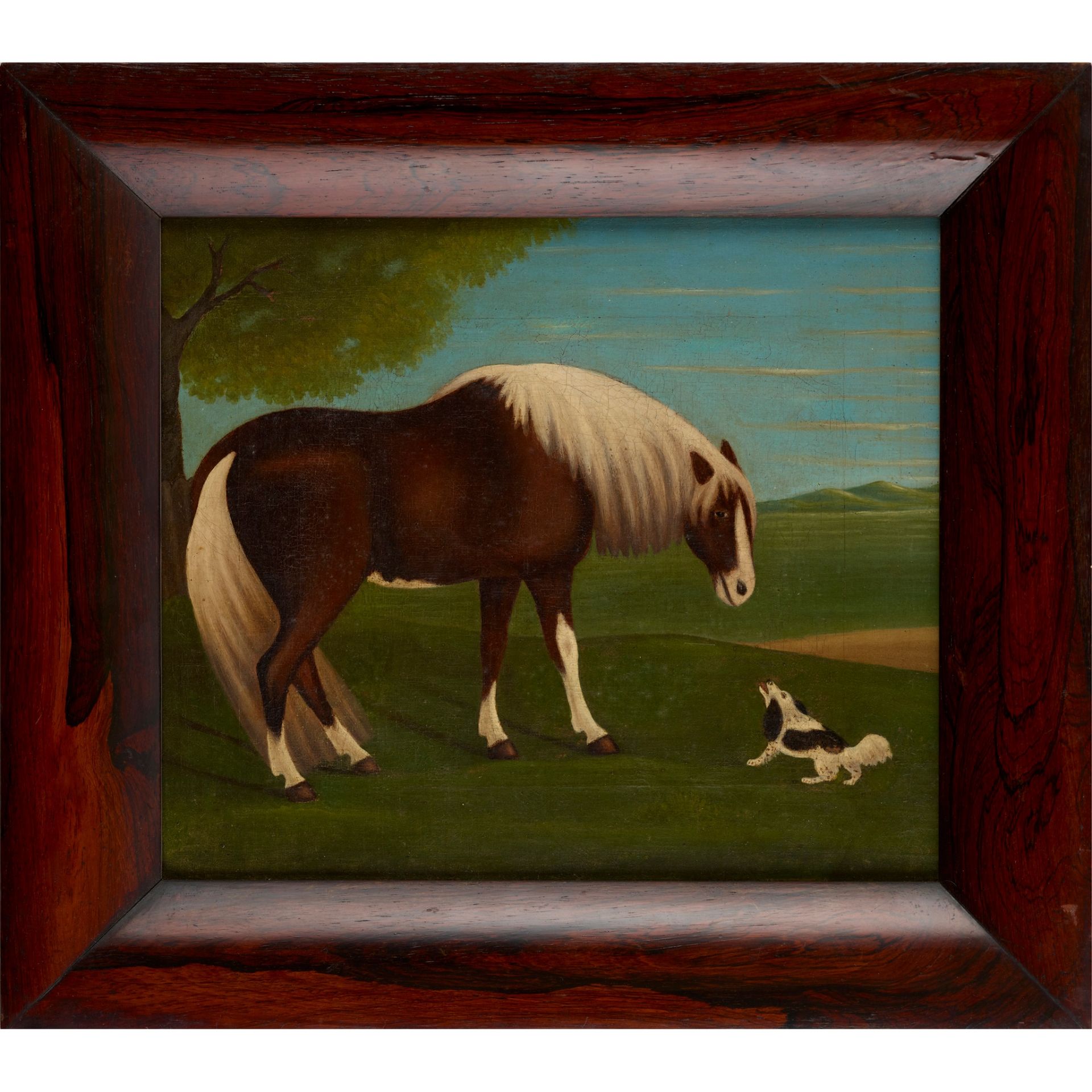 Y 19TH CENTURY ENGLISH SCHOOL NAIVE PAINTING OF A HORSE AND SPANIEL