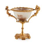 FRENCH GILT METAL AND CHALCEDONY TWIN HANDLED CHALICE 19TH CENTURY