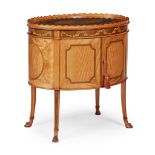 SHERATON REVIVAL SATINWOOD AND MARQUETRY OVAL DRUM CABINET EARLY 20TH CENTURY