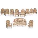 FINE ELEVEN-PIECE SUITE OF LOUIS XVI PAINTED AND PARCEL-GILT AUBUSSON COVERED SEAT FURNITURE CIRCA