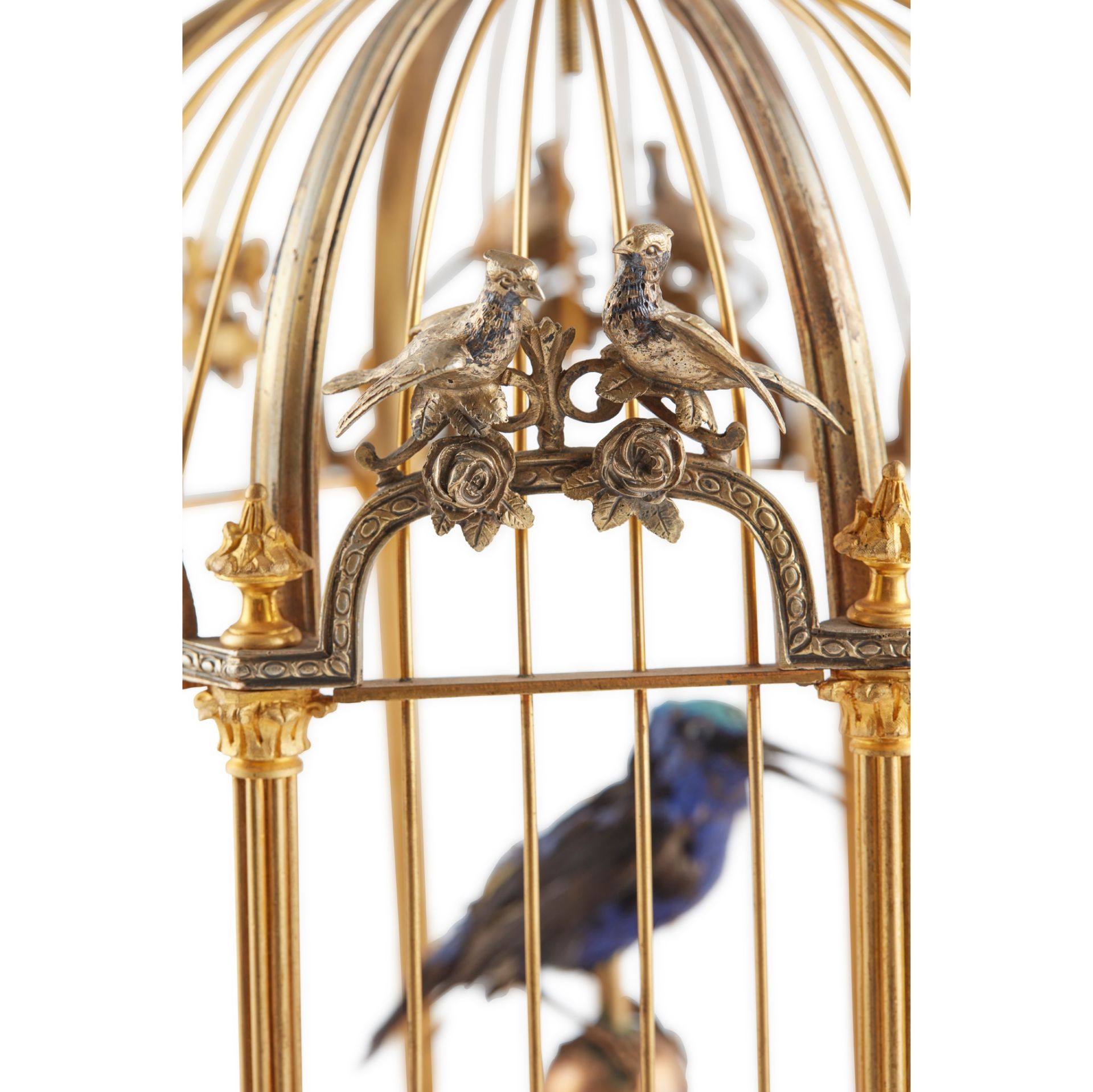 FRENCH PORCELAIN MOUNTED GILT AND SILVERED BRASS BIRDCAGE AND SINGING BIRD AUTOMATON, BONTEMS, - Image 3 of 4