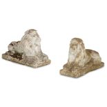PAIR OF COMPOSITION STONE RECUMBENT LIONS MODERN