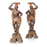 PAIR OF VENETIAN CARVED AND POLYCHROME PAINTED BLACKAMOOR TORCHERE STANDS EARLY 19TH CENTURY