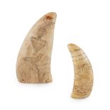 Y TWO SCRIMSHAW WHALE'S TEETH MID 19TH CENTURY