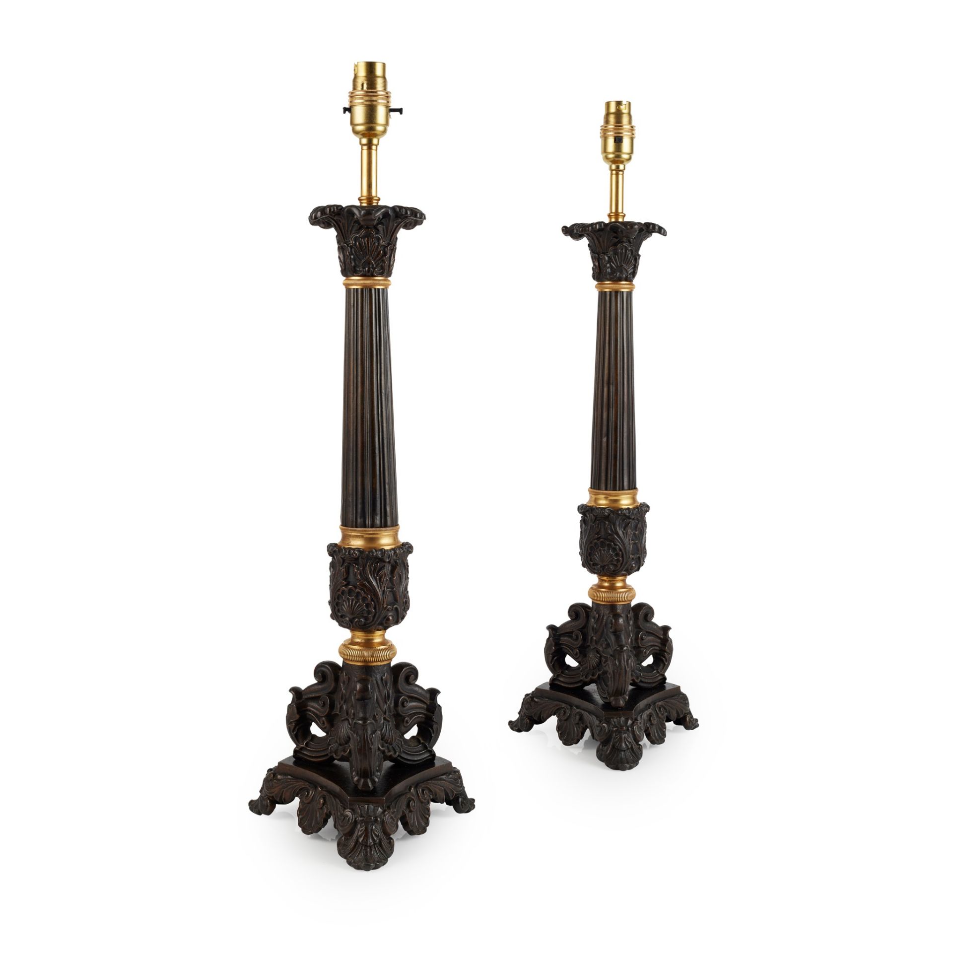 PAIR OF LARGE REGENCY PATINATED AND GILT BRONZE CANDLESTICK LAMPS EARLY 19TH CENTURY - Image 2 of 2