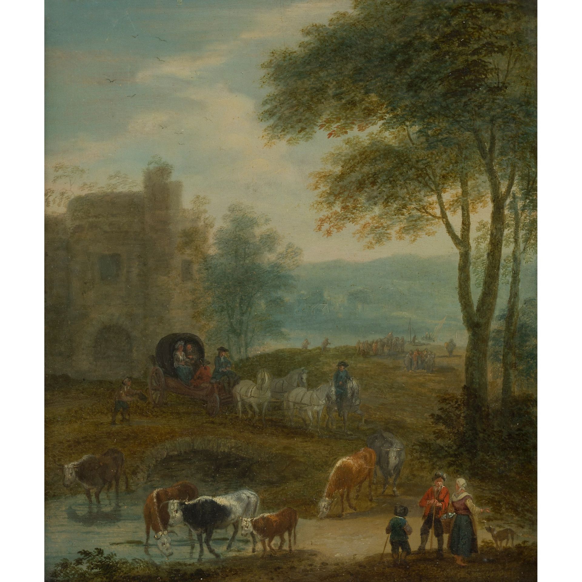 ATTRIBUTED TO MATHYS SCHOEVAERDTS A WOODED RIVER LANDSCAPE WITH TRAVELLERS AND ANIMALS