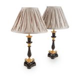 PAIR OF REGENCY PATINATED AND GILT BRONZE LAMPS EARLY 19TH CENTURY