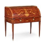 LATE GEORGE III MAHOGANY, GONCALO ALVES, MARQUETRY AND PENWORK CYLINDER BUREAU LATE 18TH CENTURY