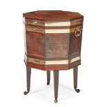 GEORGE III MAHOGANY BRASS BANDED OCTAGONAL WINE COOLER ON STAND 18TH CENTURY