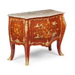 LOUIS XVI STYLE KINGWOOD AND MARQUETRY MARBLE TOPPED BOMBÉ COMMODE MODERN