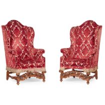 PAIR OF WILLIAM AND MARY STYLE WALNUT WING ARMCHAIRS LATE 19TH/ EARLY 20TH CENTURY