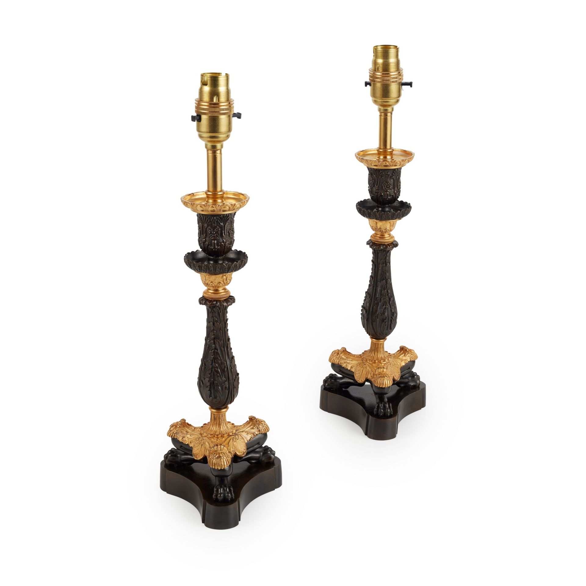 PAIR OF REGENCY PATINATED AND GILT BRONZE LAMPS EARLY 19TH CENTURY - Image 2 of 2