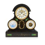 LARGE FRENCH SLATE AND MALACHITE PERPETUAL CALENDAR MANTEL CLOCK WITH BAROMETER 19TH CENTURY