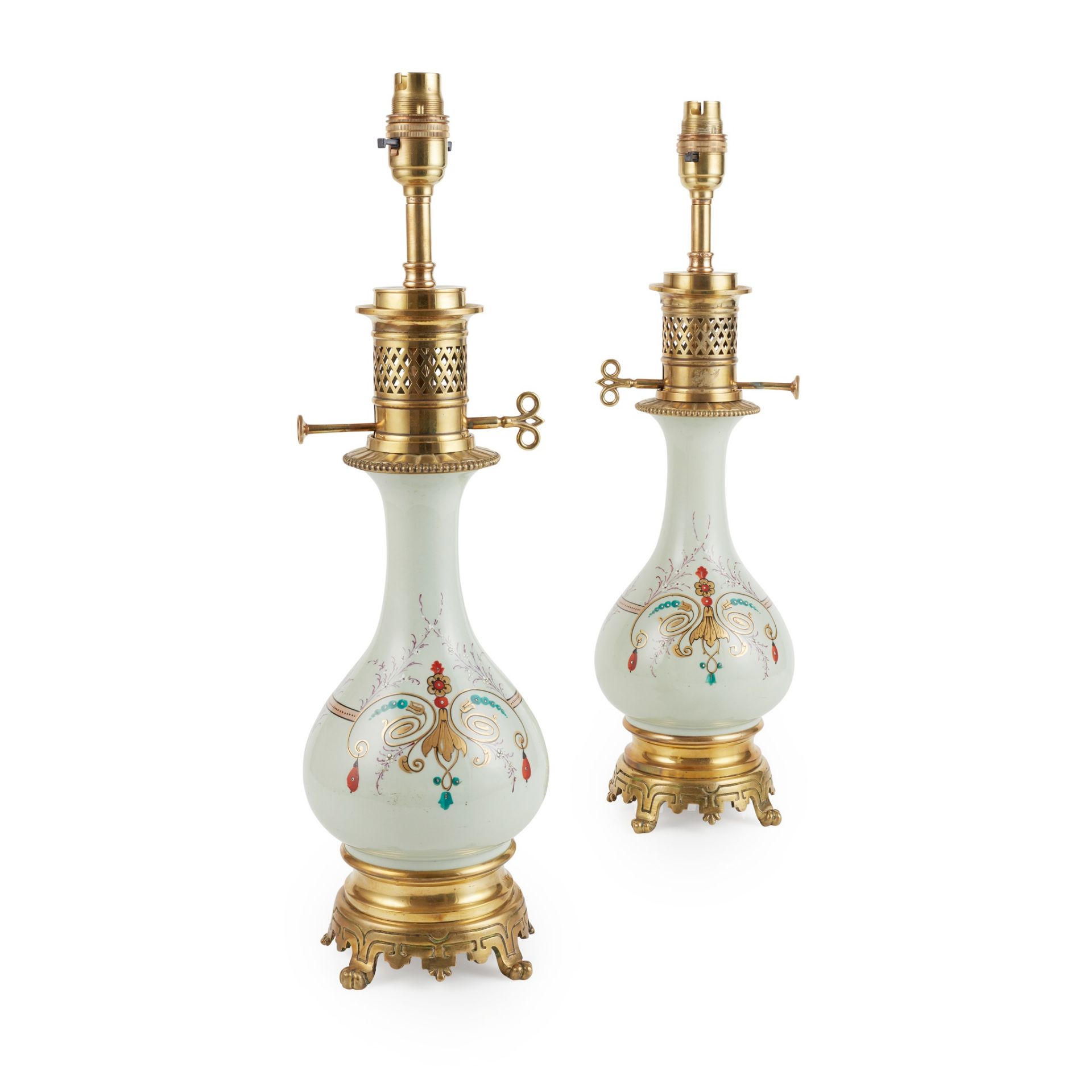 PAIR OF CELADON GLAZED AND GILT METAL LAMPS 19TH CENTURY - Image 2 of 2