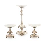 VICTORIAN SILVER PLATED AND GLASS THREE PIECE TABLE GARNITURE MID 19TH CENTURY