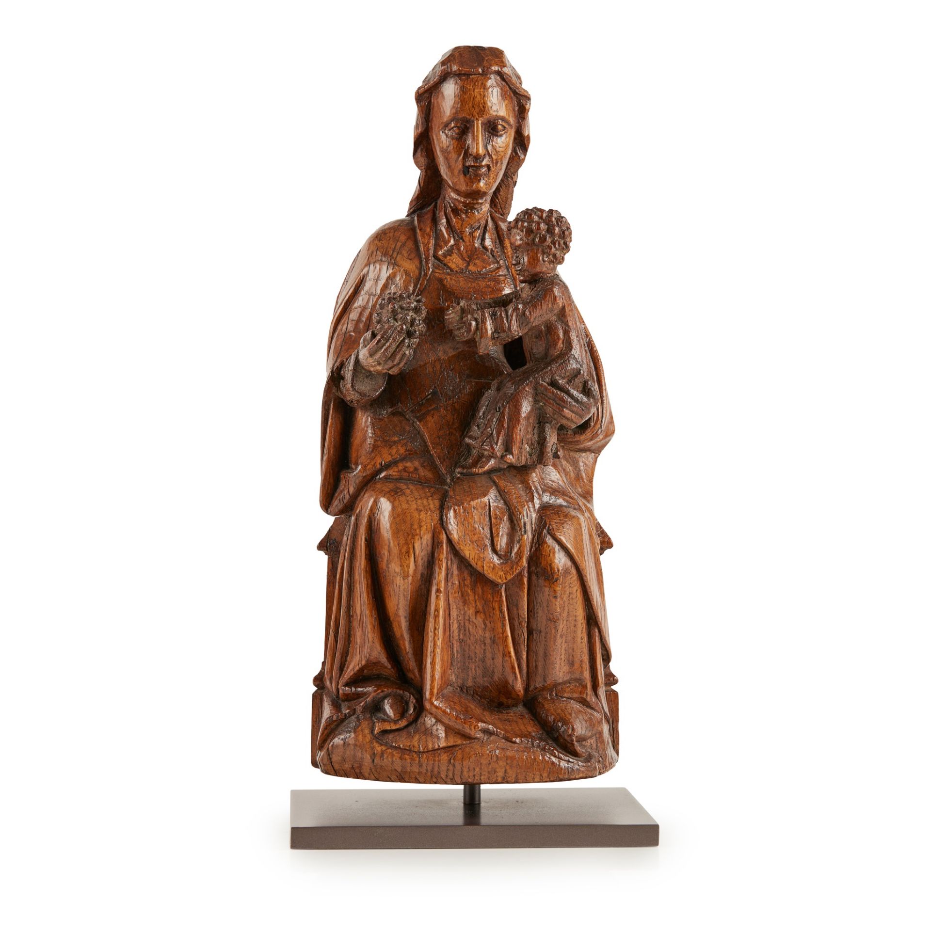 NORTHERN EUROPEAN CARVED OAK MADONNA AND CHILD WITH GRAPES 17TH CENTURY