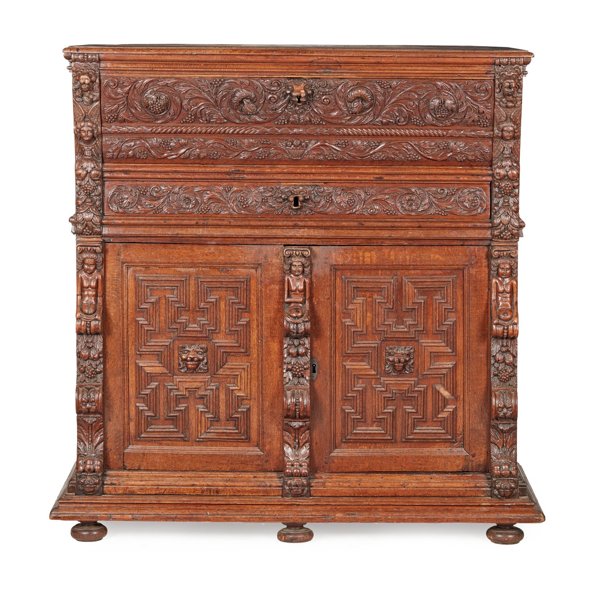 CONTINENTAL CARVED OAK PRESS CUPBOARD 19TH CENTURY INCORPORATING EARLIER ELEMENTS