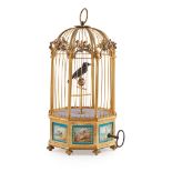 FRENCH PORCELAIN MOUNTED GILT AND SILVERED BRASS BIRDCAGE AND SINGING BIRD AUTOMATON, BONTEMS,