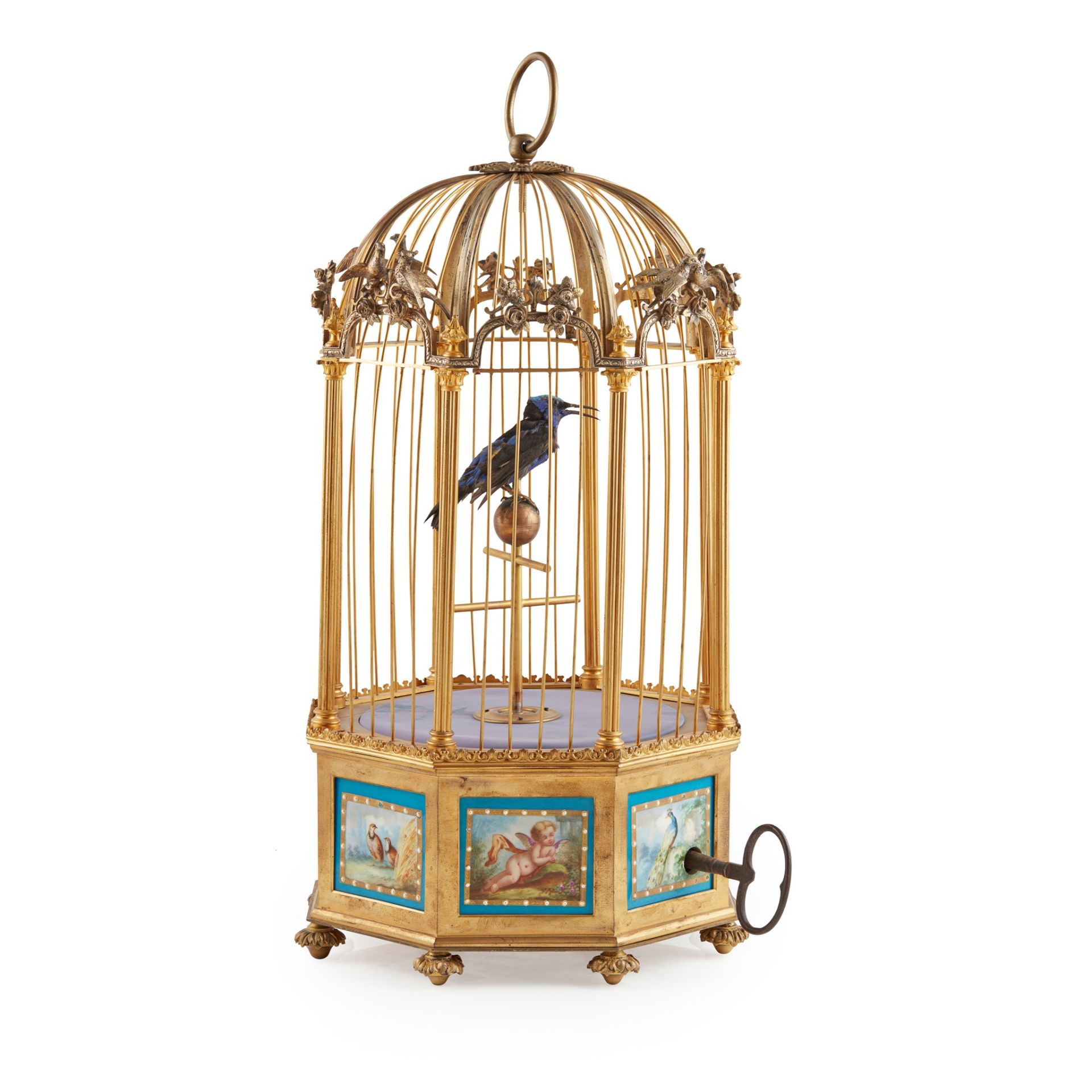 FRENCH PORCELAIN MOUNTED GILT AND SILVERED BRASS BIRDCAGE AND SINGING BIRD AUTOMATON, BONTEMS,