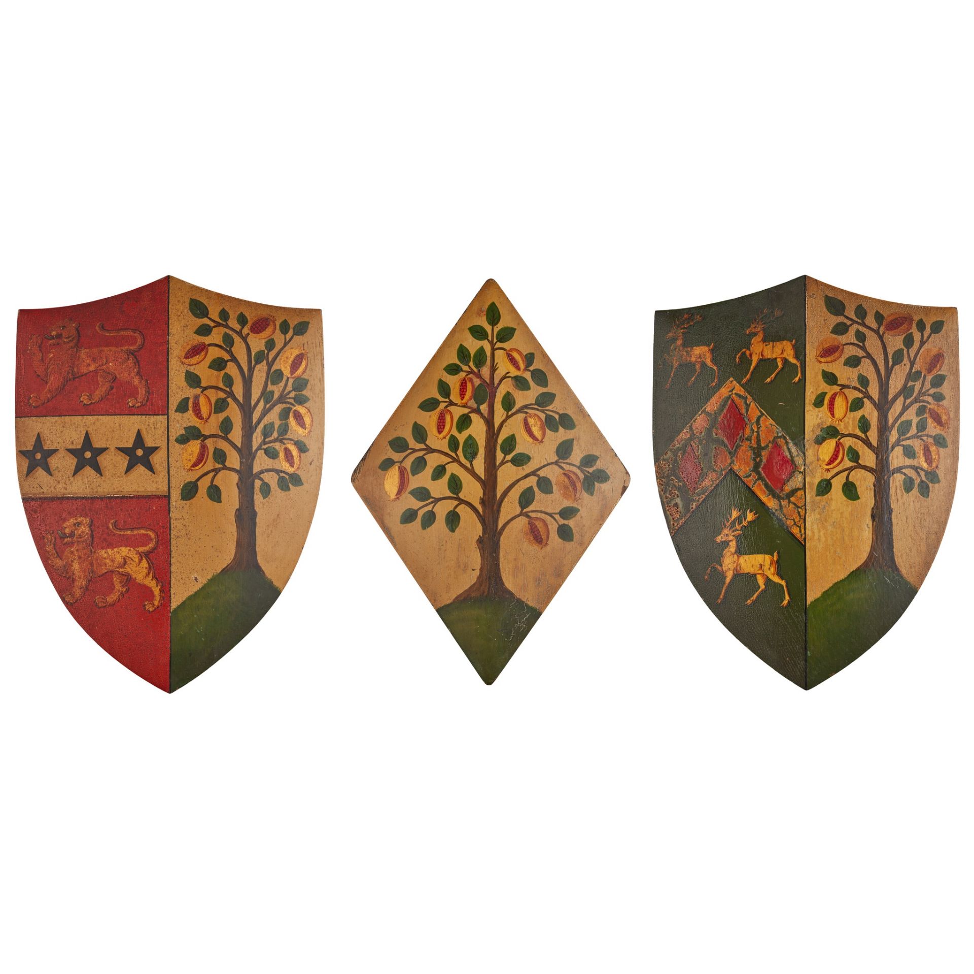 THREE POLYCHROMED AND PARCEL-GILT OAK ARMORIALS, BY W. & A. MUSSETT, LONDON