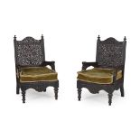 PAIR OF ANGLO BURMESE CARVED HARDWOOD ARMCHAIRS LATE 19TH CENTURY