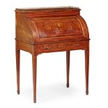 LATE VICTORIAN MAHOGANY, MARQUETRY, AND PENWORK CYLINDER DESK LATE 19TH CENTURY