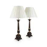 PAIR OF LARGE REGENCY PATINATED AND GILT BRONZE CANDLESTICK LAMPS EARLY 19TH CENTURY