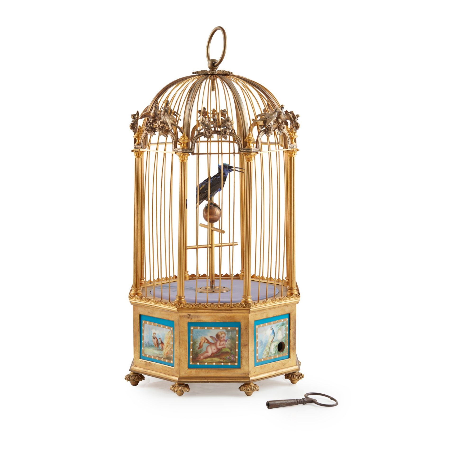 FRENCH PORCELAIN MOUNTED GILT AND SILVERED BRASS BIRDCAGE AND SINGING BIRD AUTOMATON, BONTEMS, - Image 2 of 4