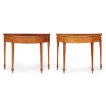 ◆ PAIR OF GEORGE III SATINWOOD AND MARQUETRY DEMILUNE CONSOLE TABLES, ATTRIBUTED TO THOMAS