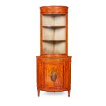 SHERATON REVIVAL INLAY, PENWORK, AND PAINTED SATINWOOD BOWFRONT CORNER DISPLAY CABINET LATE 19TH/