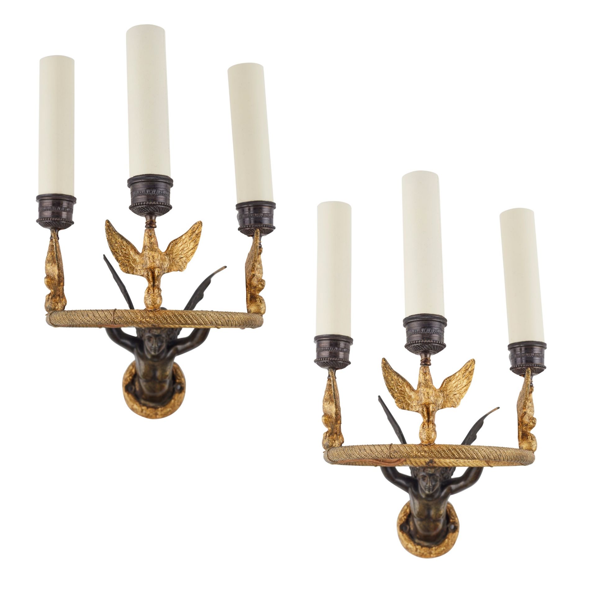 PAIR OF FRENCH EMPIRE GILT AND PATINATED BRONZE WALL LIGHTS EARLY 19TH CENTURY