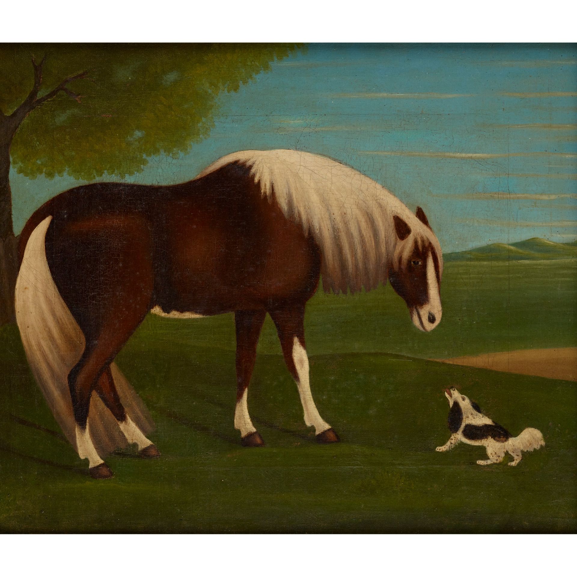 Y 19TH CENTURY ENGLISH SCHOOL NAIVE PAINTING OF A HORSE AND SPANIEL - Image 2 of 3